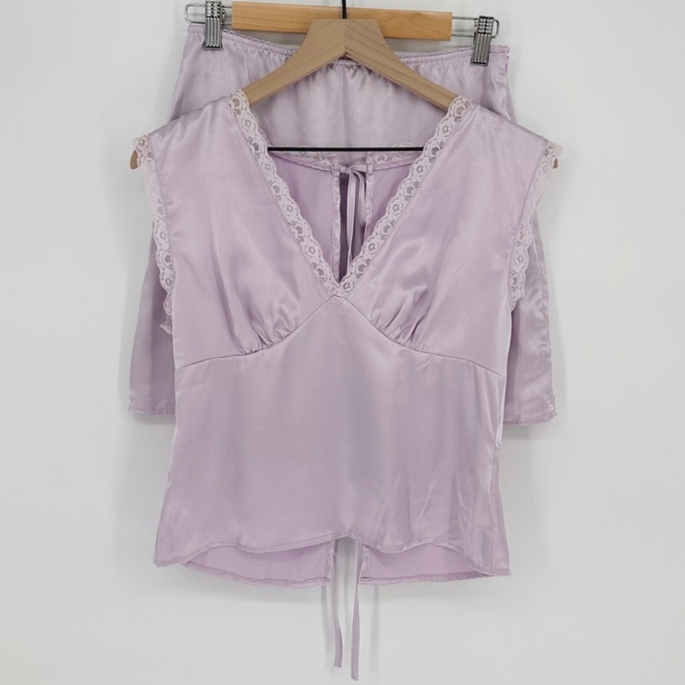 Lavender Satin Sleeveless Top with matching mini skirt